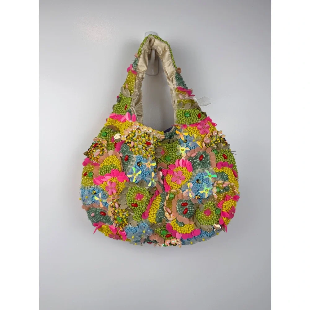 Handcrafted India Beaded Floral Hobo Bag Sequin Embellished Multi Color Handbag